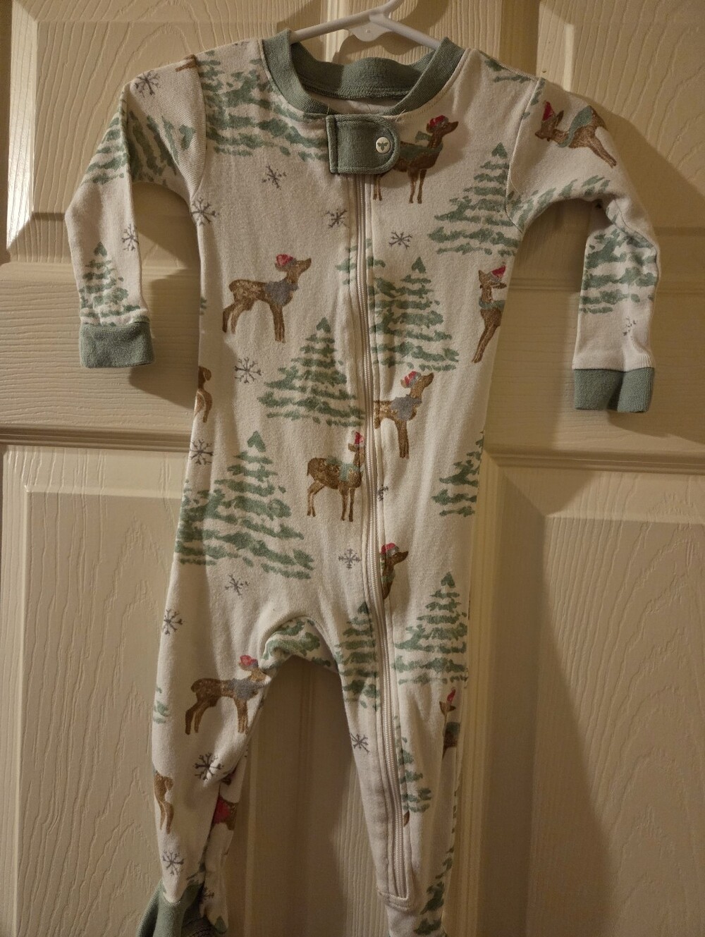 Cozy Cream Footed One-Piece with Green Trees & Deer